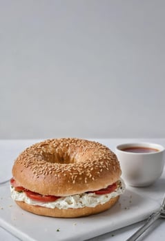 AI generated a Bagel with Cream Cheese and Tomato on White Plate photo