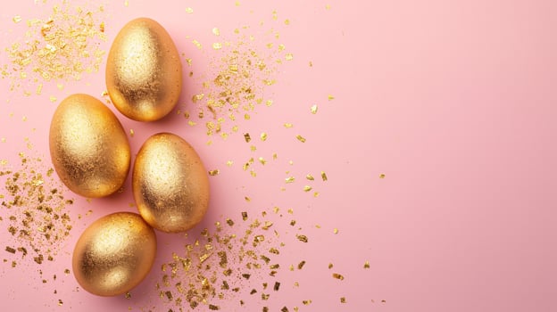 AI generated Easter golden eggs on pastel pink background. Holiday concept. Happy Easter card with copy space photo