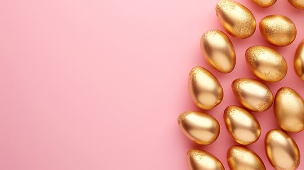 AI generated Easter golden eggs on pastel pink background. Holiday concept. Happy Easter card with copy space photo