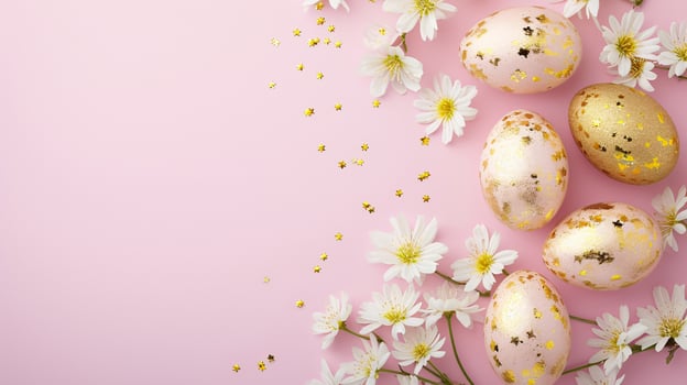 AI generated Easter golden eggs on pastel pink background. Holiday concept. Happy Easter card with copy space photo