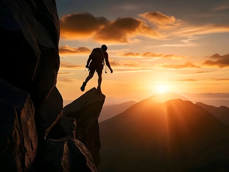 AI generated silhouette of a mountain climber with a sunset scene as the background photo