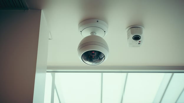 AI generated CCTV security camera in office building background photo