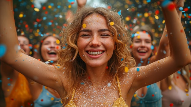 AI generated Joyful young woman celebrating with friends at confetti party outdoors photo