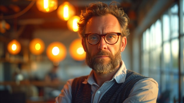 AI generated Contemplative businessman in warm office light with a modern style photo