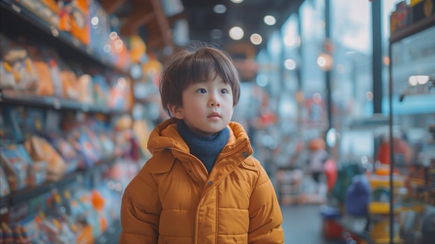 AI generated Curious little boy shopping in grocery store aisle in winter jacket photo