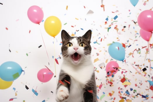 AI generated Cute adorable birthday cat with confetti and colorful balloons sitting on white background photo