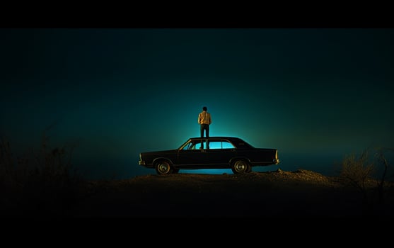 Elevated in Darkness Man Standing on Top of Car in a Dim Setting photo