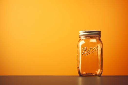 A mason jar on a table with an orange background photo