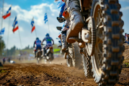 AI generated Motocross rider riding on dirt track closeup tyre Generative AI photo