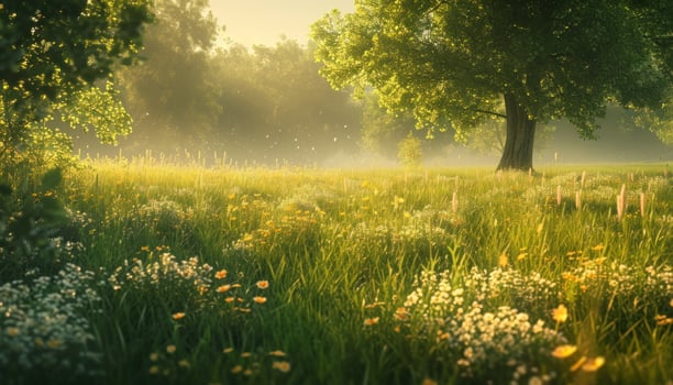 AI generated a grassy field full of wildflowers and trees photo