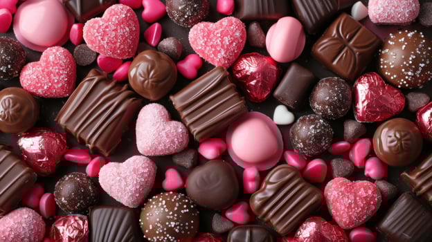 AI generated Candy hearts, chocolates, and delightful treats set against a love-filled background photo