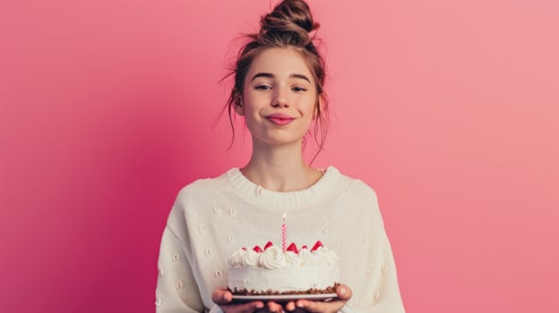 AI generated happy birthday litthe girl with birthday cake against vivid minimalist background photo