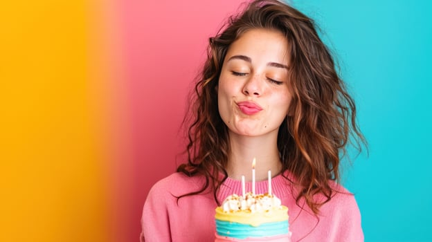 AI generated happy birthday litthe girl with birthday cake against vivid minimalist background photo