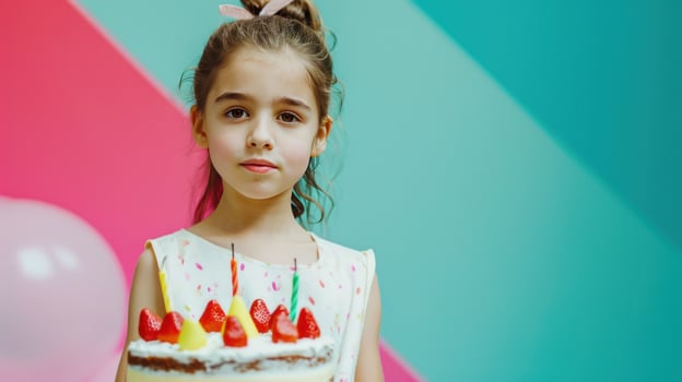 AI generated happy birthday litthe girl with birthday cake against vivid minimalist background photo