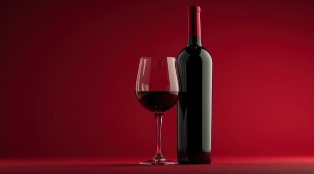 AI generated red wine bottle and glass of red wine on a red background photo