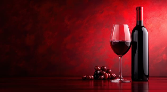 AI generated red wine bottle and glass of red wine on a red background photo