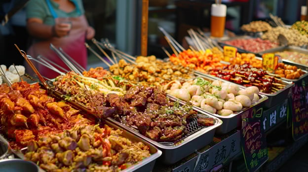 AI generated Street food stalls featuring a variety of spicy and flavorful international culinary offerings photo