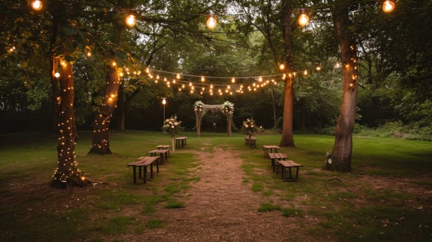 AI generated Whimsical woodland wedding with enchanting lights and natural beauty photo