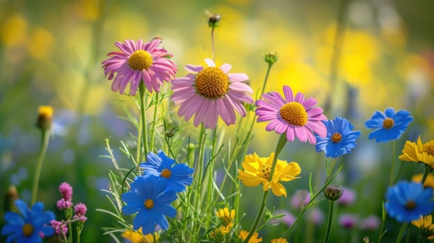 AI generated Wildflowers, buzzing bees, and a vibrant sun bring spring's lively spirit photo