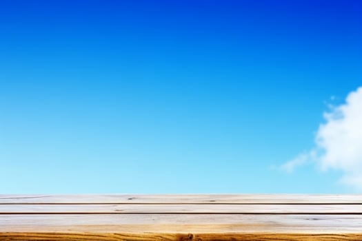 AI generated empty wooden tabletop with clear blue sky blurred background. Pro Photo