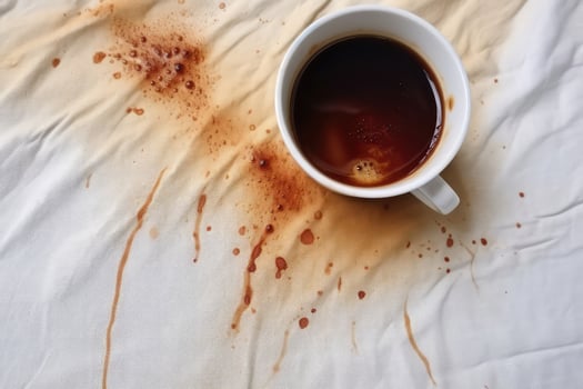 AI generated White cotton napkin,shirt, clothes or tablecloth with brown coffee stain with a cup of hot tea photo