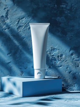 AI generated Blank skincare tube on minimalist and blue background photo