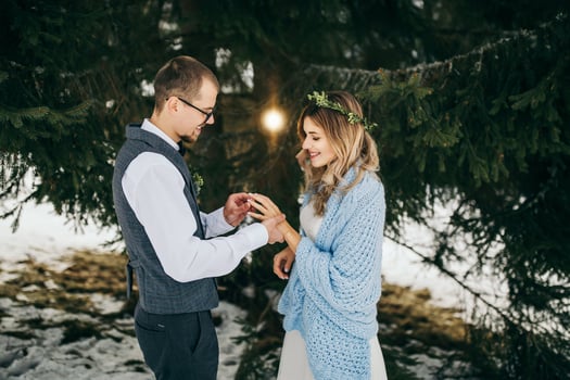 Newlyweds at the wedding ceremony. The groom puts on the bride's wedding ring. High quality photo. Winter wedding. photo