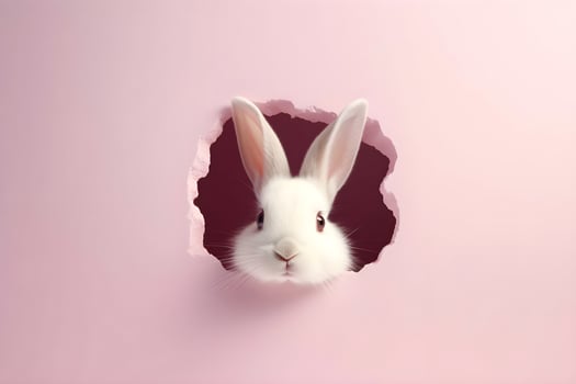 AI generated Rabbit peeks out of a hole on a pink background, copy space. photo