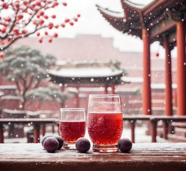 AI generated Two glasses of plum juice on a wooden table against the background of a Chinese garden photo