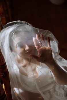 Artistic photo of a bride under a veil in the morning in a boudoir style under incredible sunlight. Wedding.