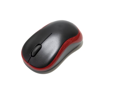 Wireless black and red computer mouse isolated on white background. Clipping path included. photo