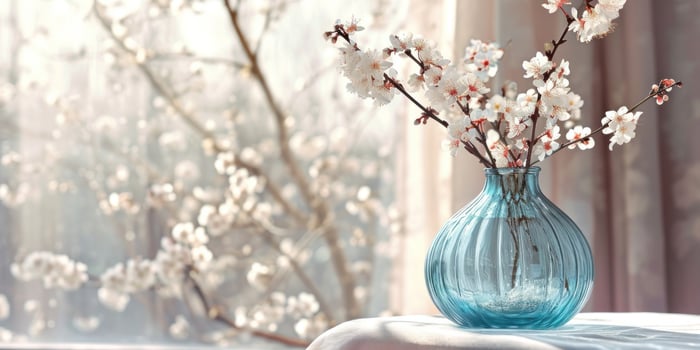 AI generated a blue vase with cherry blossoms sits on top of a table photo