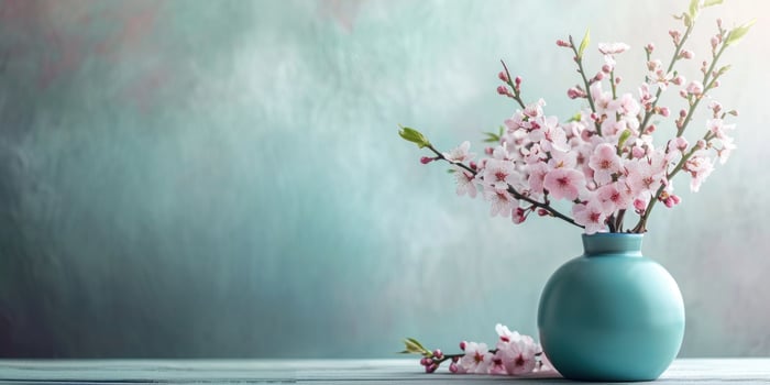 AI generated a blue vase with cherry blossoms sits on top of a table photo