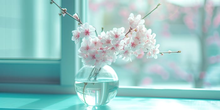 AI generated a clear container containing pink and white blossoms on a table in front of a bright window photo