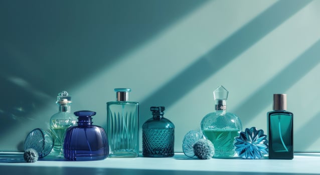 AI generated different perfume bottles are located on a blue background photo