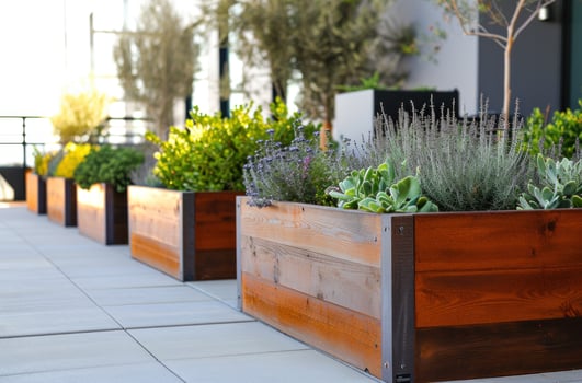 AI generated wood raised garden planters are shown in the background photo