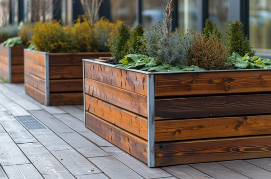 AI generated wood raised garden planters are shown in the background photo