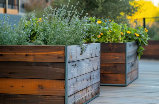 AI generated wood raised garden planters are shown in the background photo