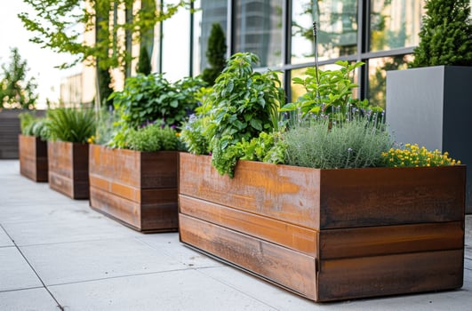 AI generated wood raised garden planters are shown in the background photo
