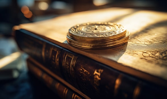 AI generated Old books on a wooden table in the library, lit by the sun photo