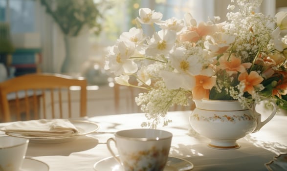 AI generated Cup of coffee and bouquet of spring flowers on the table photo