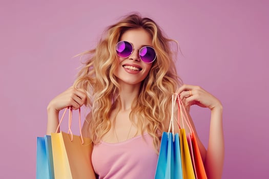 AI generated Happy young woman with shopping bags and sunglasses isolated on pink background. photo
