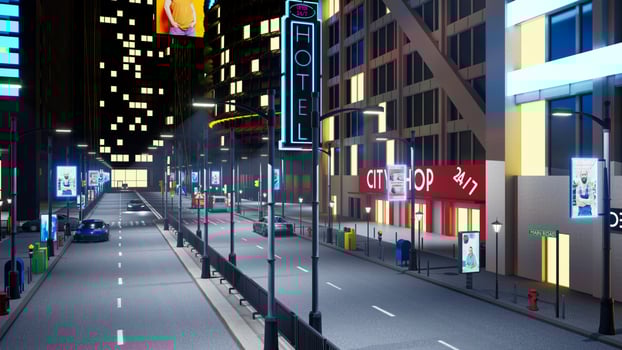 Nighttime downtown city roads with cars in motion driving past businesses opened non stop. Urban cityscape with promenades illuminated by neon signs at night, 3d render animation photo