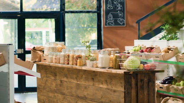 Zero waste merchandise in supermarket with ethically sourced food additives free fruits, vegetables, grains, spices and pasta. Empty eco friendly grocery store with fresh organic homegrown produce. photo