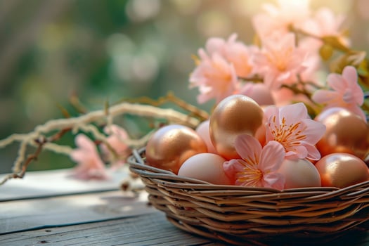 AI generated Easter basket with Easter eggs on wooden table , green background. ai generative photo