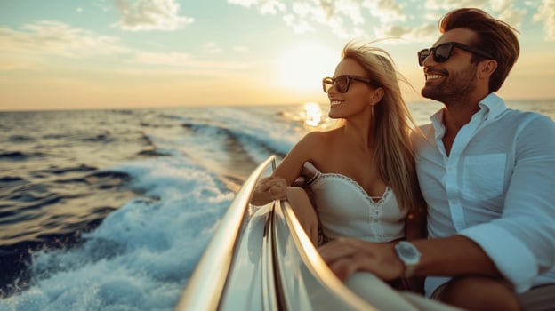 AI generated beautiful couple rides on a boat along the river photo