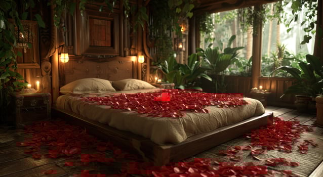 AI generated red petal in the center of the bed, photo