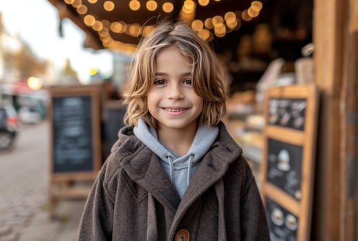 AI generated this is a young boy smiling in front of a coffee shop photo