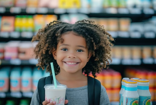 AI generated toddler holding a straw with milk smoothie in the store photo