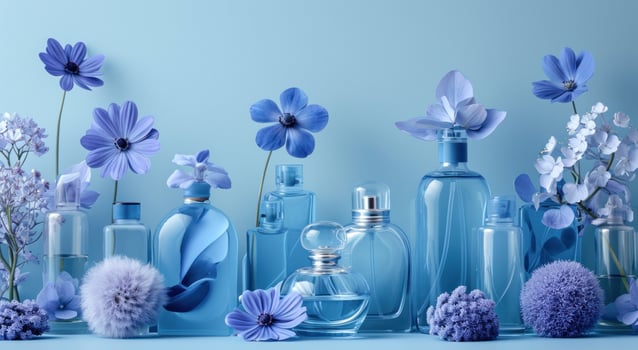 AI generated various blue flowers and bottles of perfume photo